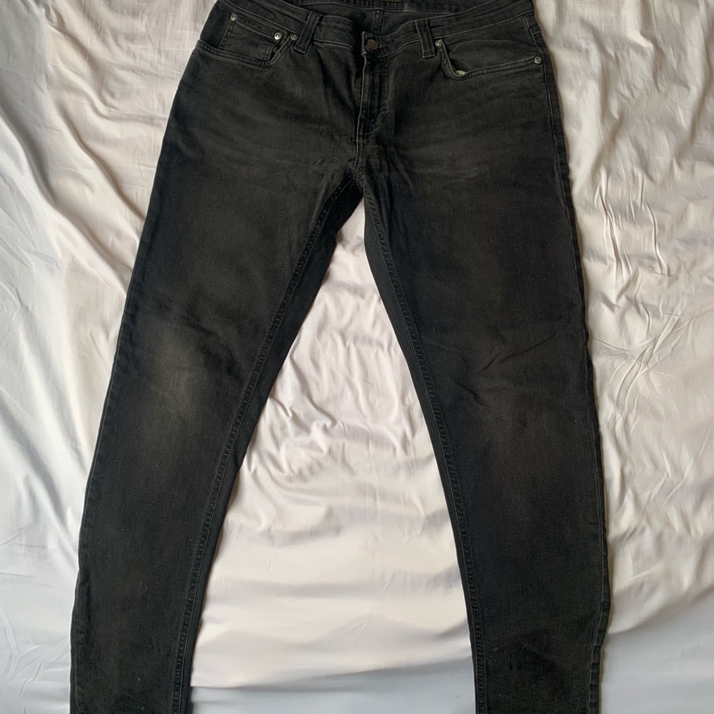 Nudie Jeans Charcoal Black Denim Jeans with Branded Button